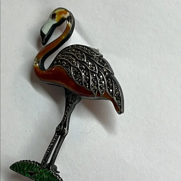 Vintage Sterling Silver Art Deco P. Enameled with Marcasite Flamingo Brooch. - Picture 3 of 4